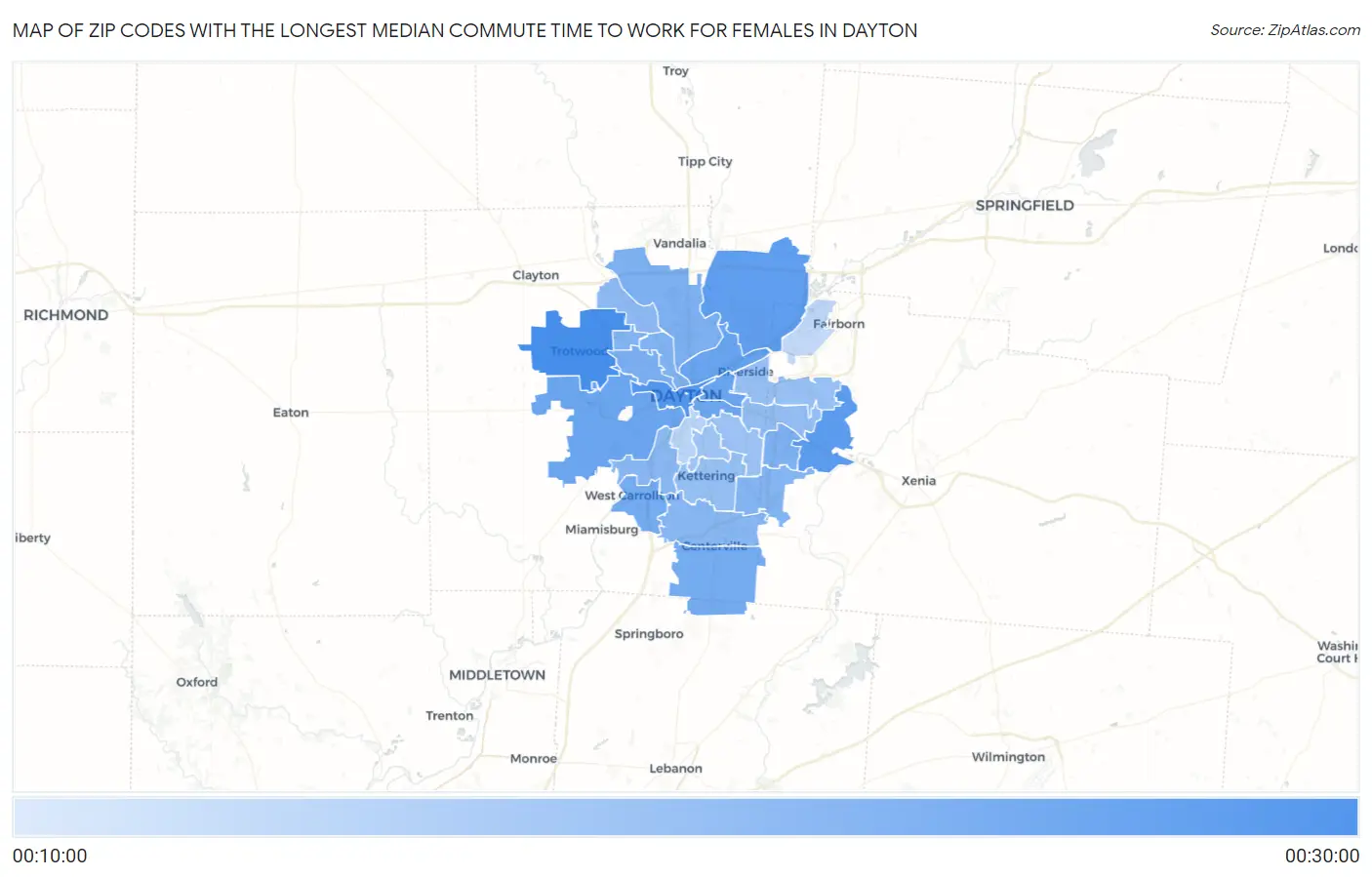 Zip Codes with the Longest Median Commute Time to Work for Females in Dayton Map
