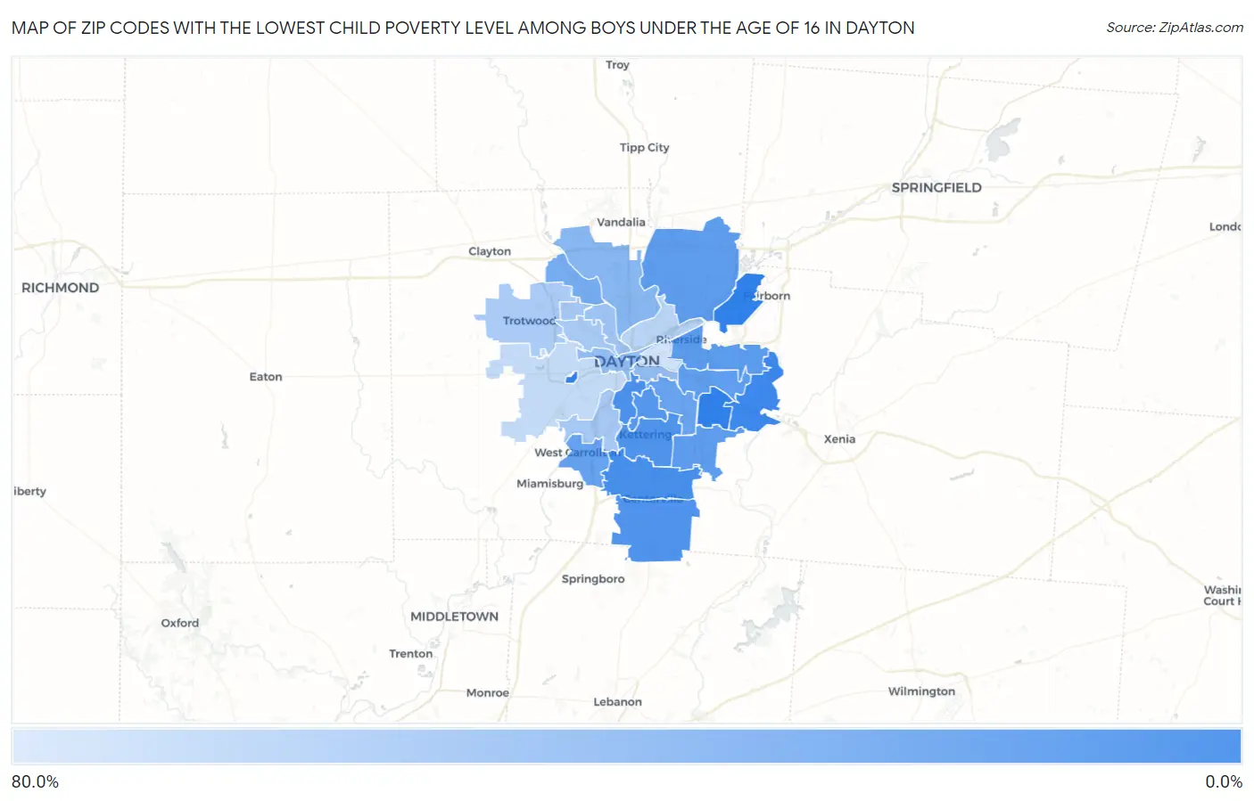 Zip Codes with the Lowest Child Poverty Level Among Boys Under the Age of 16 in Dayton Map