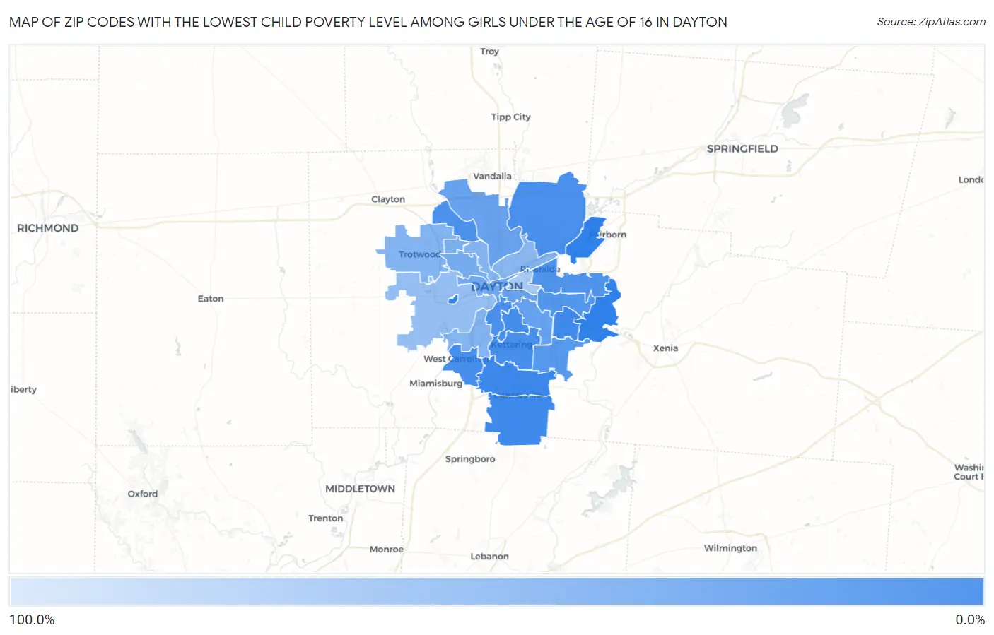 Zip Codes with the Lowest Child Poverty Level Among Girls Under the Age of 16 in Dayton Map