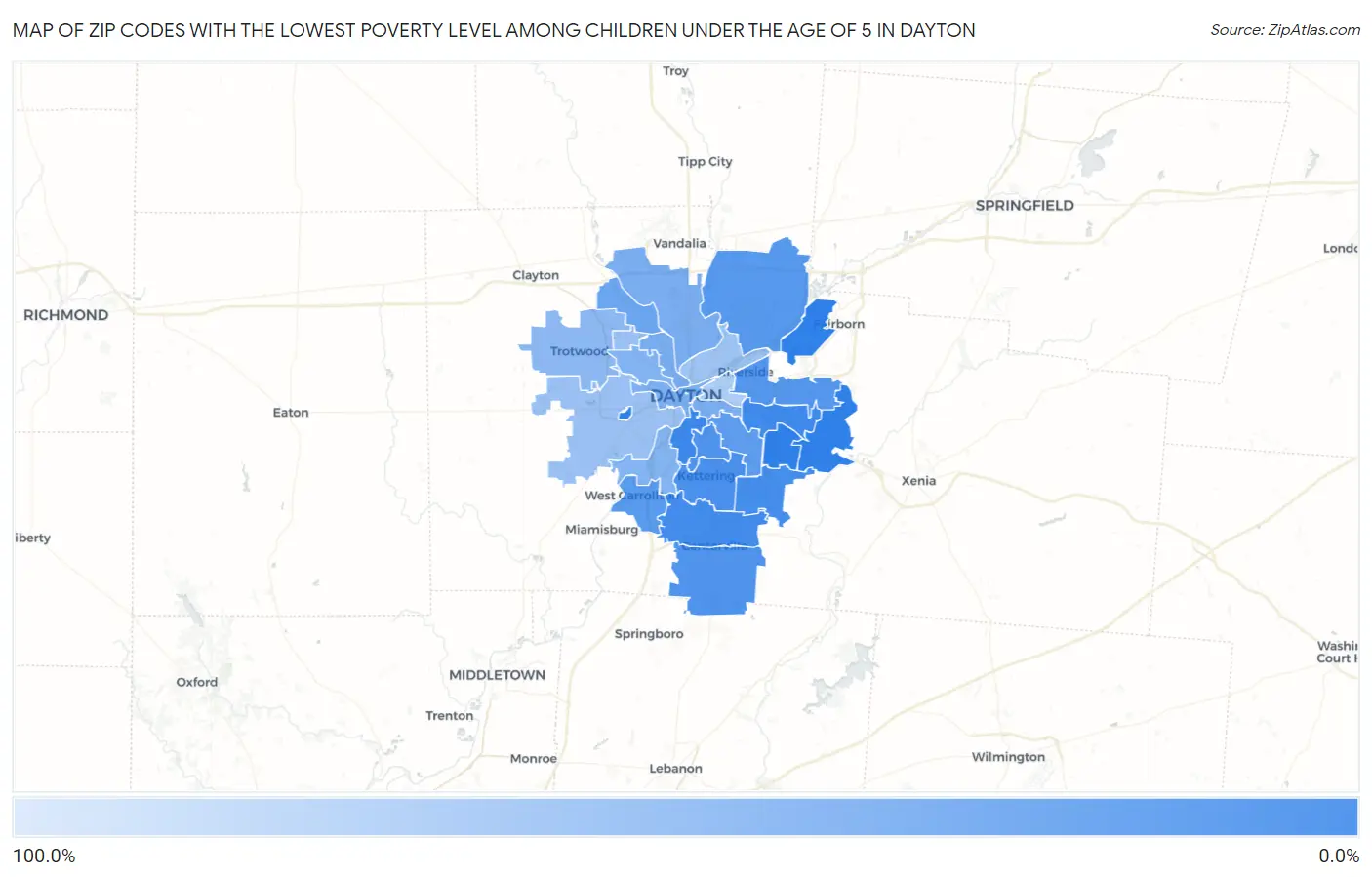 Zip Codes with the Lowest Poverty Level Among Children Under the Age of 5 in Dayton Map