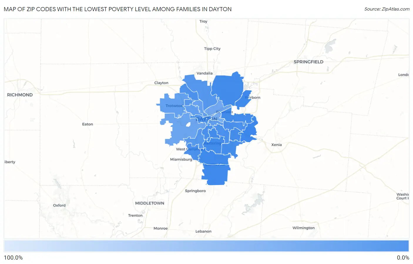 Zip Codes with the Lowest Poverty Level Among Families in Dayton Map