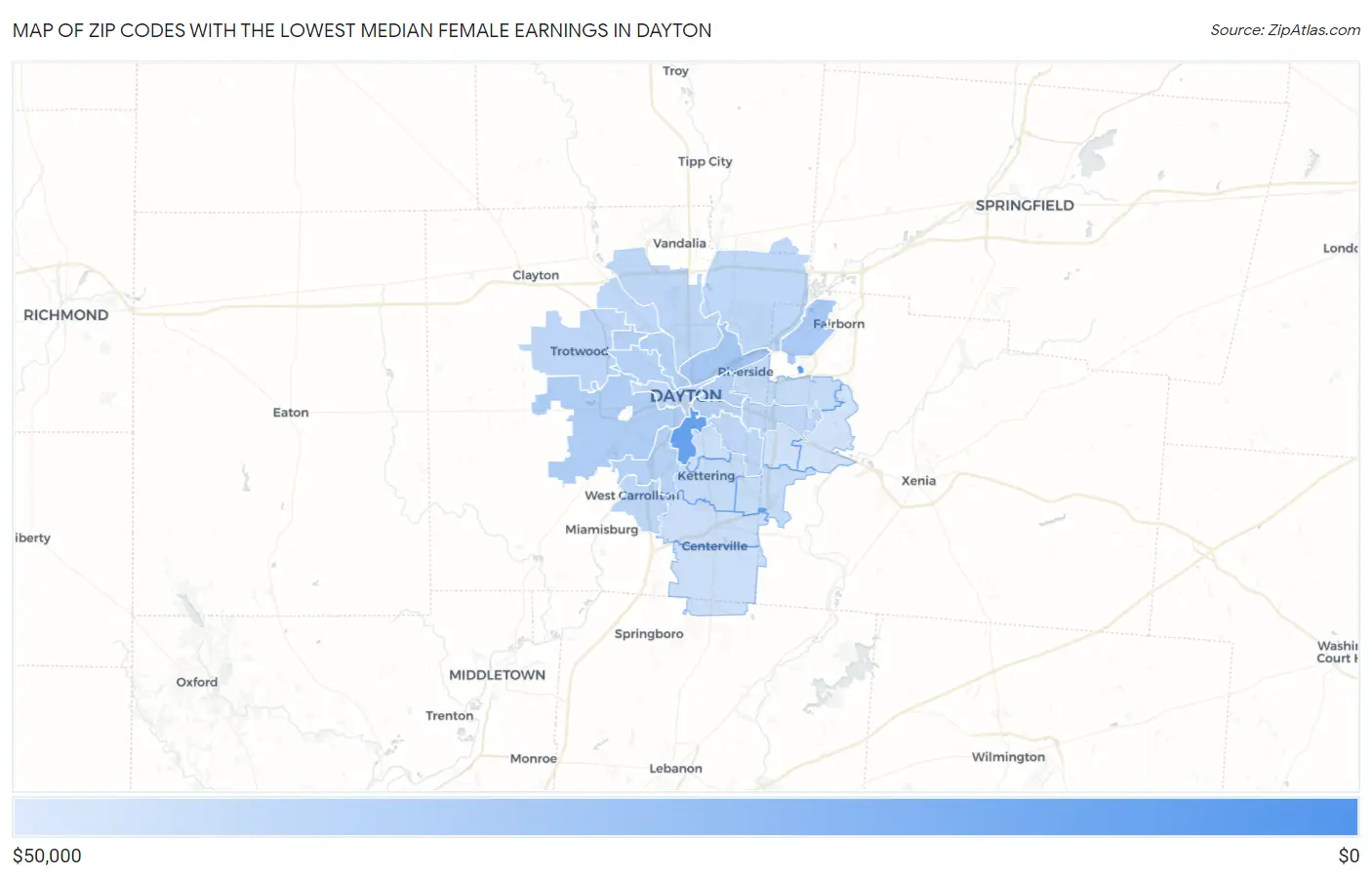 Zip Codes with the Lowest Median Female Earnings in Dayton Map