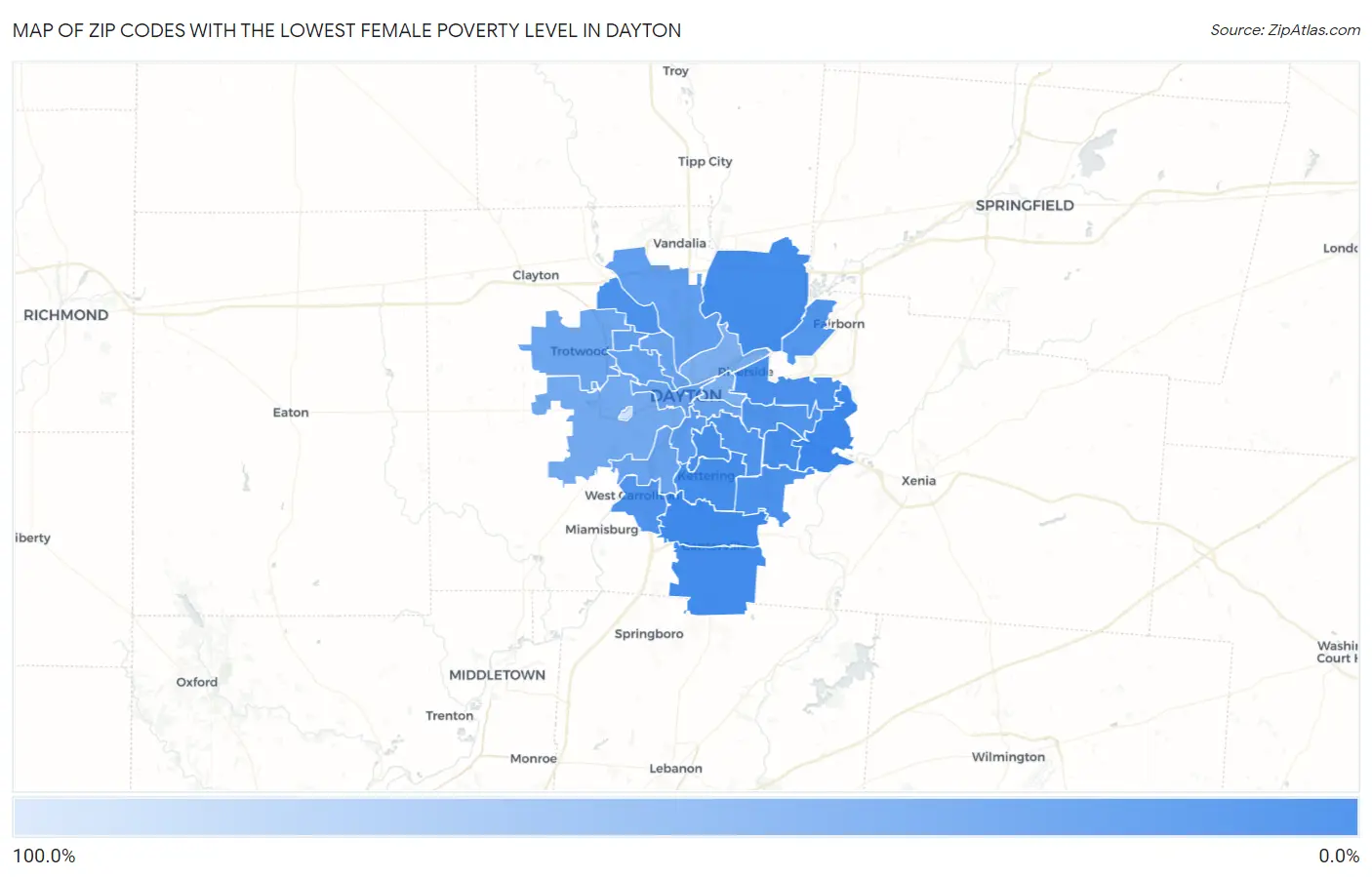 Zip Codes with the Lowest Female Poverty Level in Dayton Map