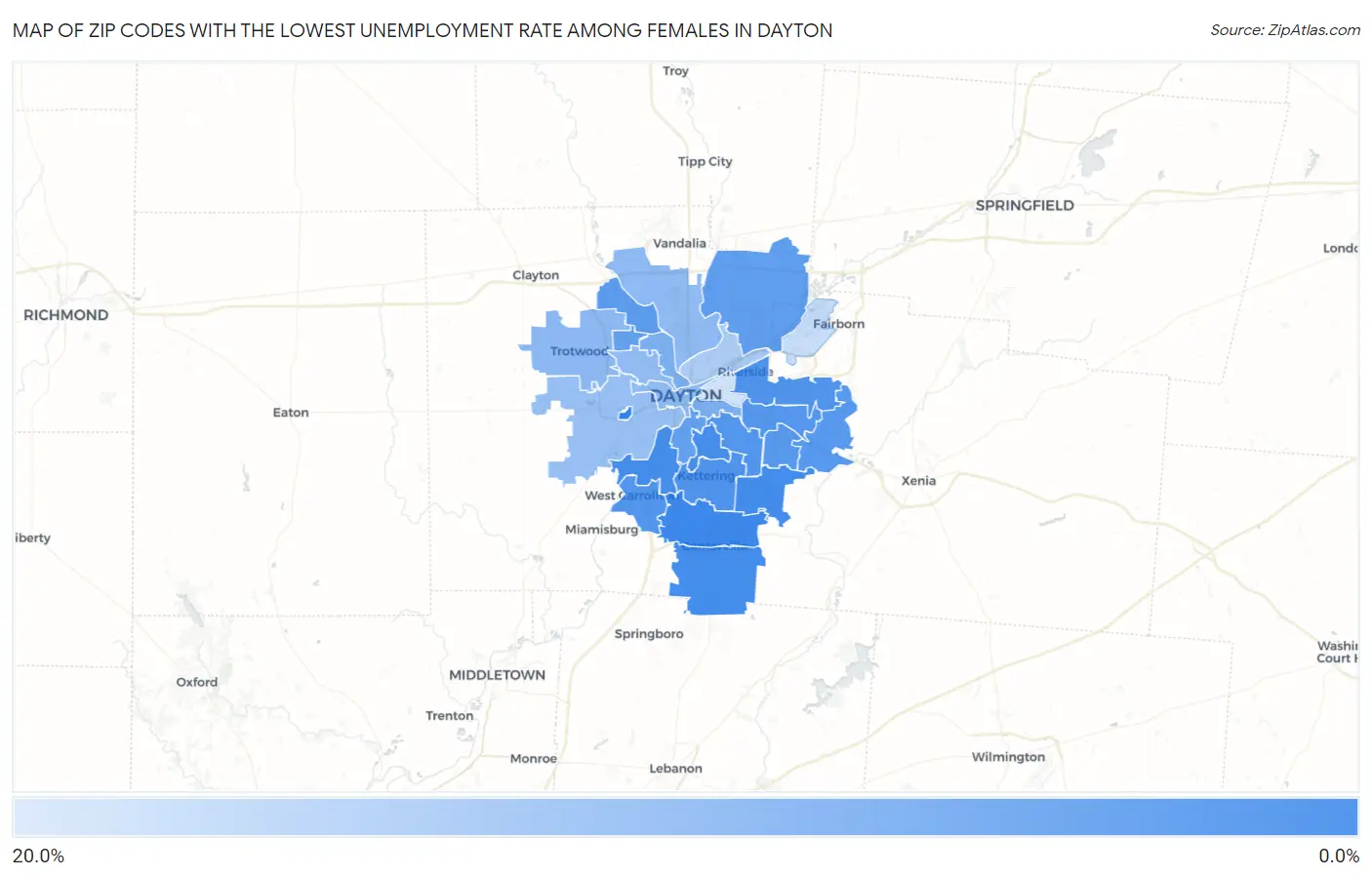 Zip Codes with the Lowest Unemployment Rate Among Females in Dayton Map