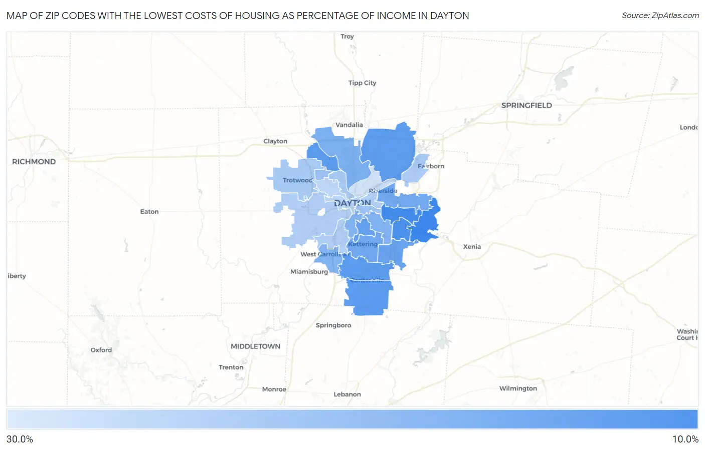 Zip Codes with the Lowest Costs of Housing as Percentage of Income in Dayton Map