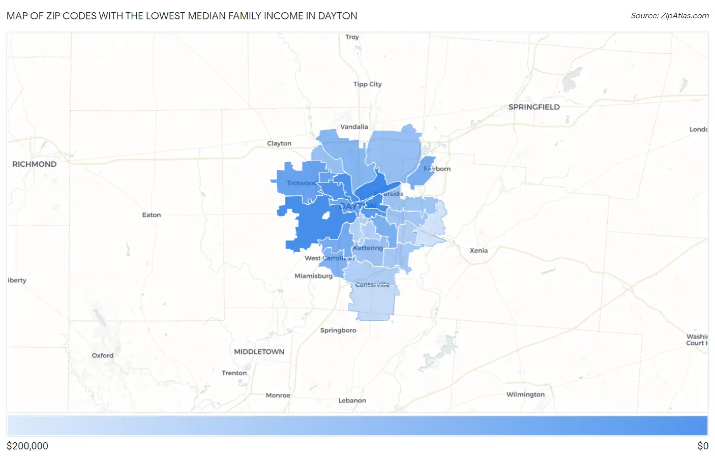 Zip Codes with the Lowest Median Family Income in Dayton Map