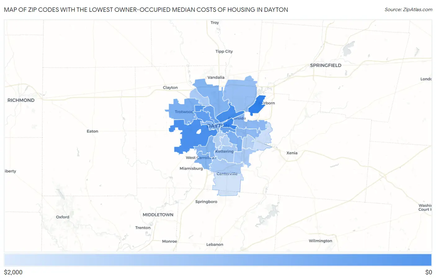 Zip Codes with the Lowest Owner-Occupied Median Costs of Housing in Dayton Map