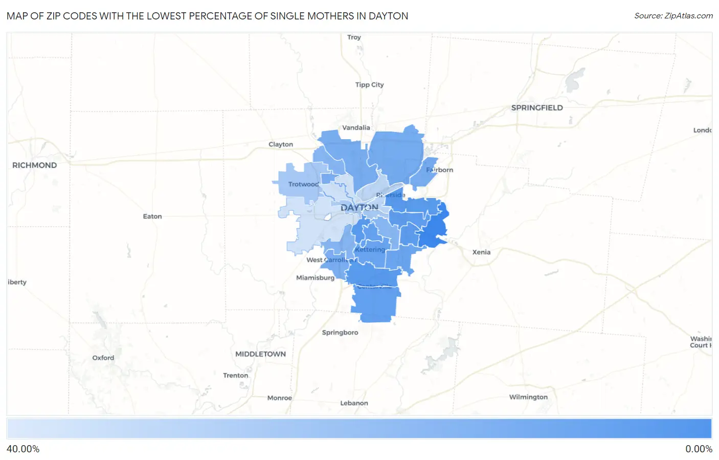 Zip Codes with the Lowest Percentage of Single Mothers in Dayton Map
