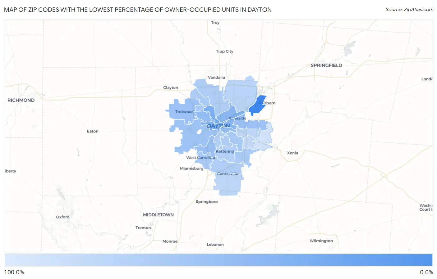 Zip Codes with the Lowest Percentage of Owner-Occupied Units in Dayton Map