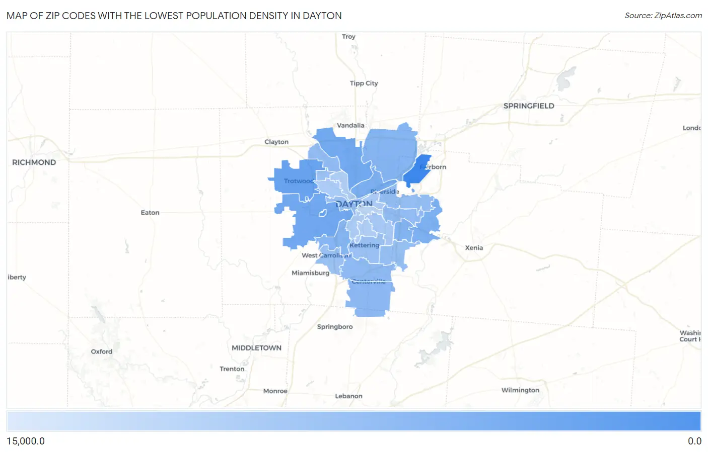 Zip Codes with the Lowest Population Density in Dayton Map