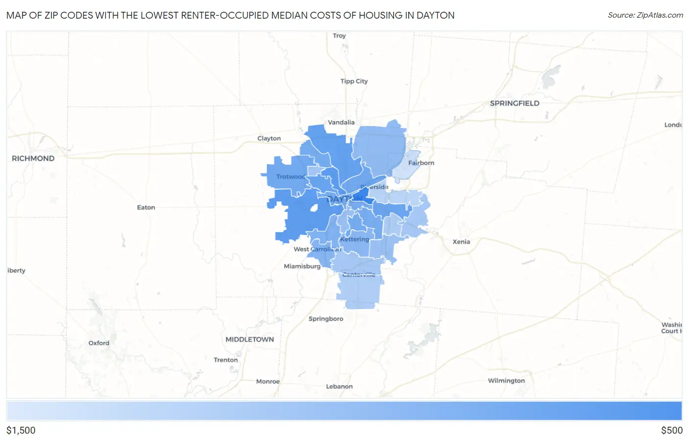 Zip Codes with the Lowest Renter-Occupied Median Costs of Housing in Dayton Map