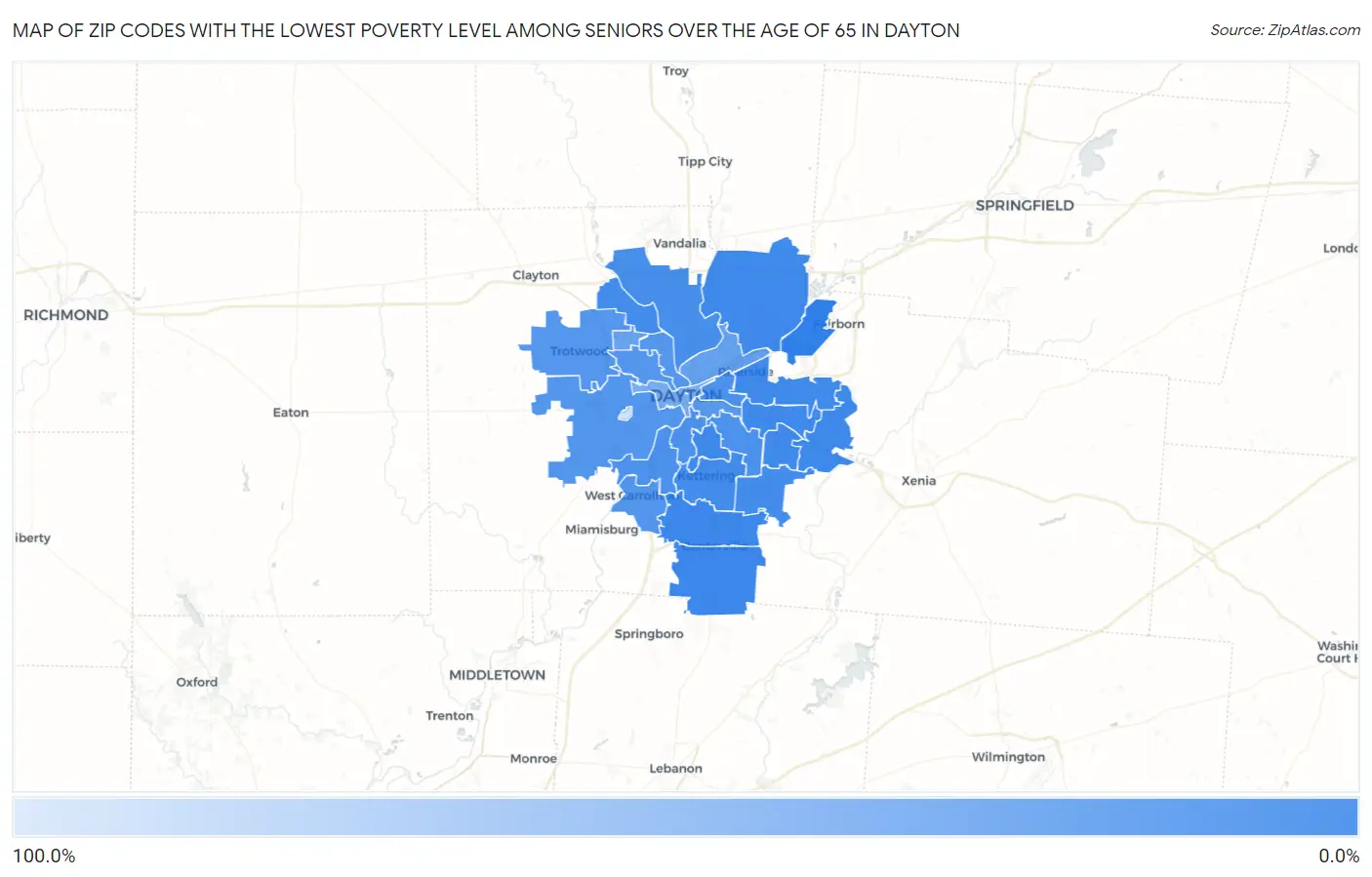 Zip Codes with the Lowest Poverty Level Among Seniors Over the Age of 65 in Dayton Map