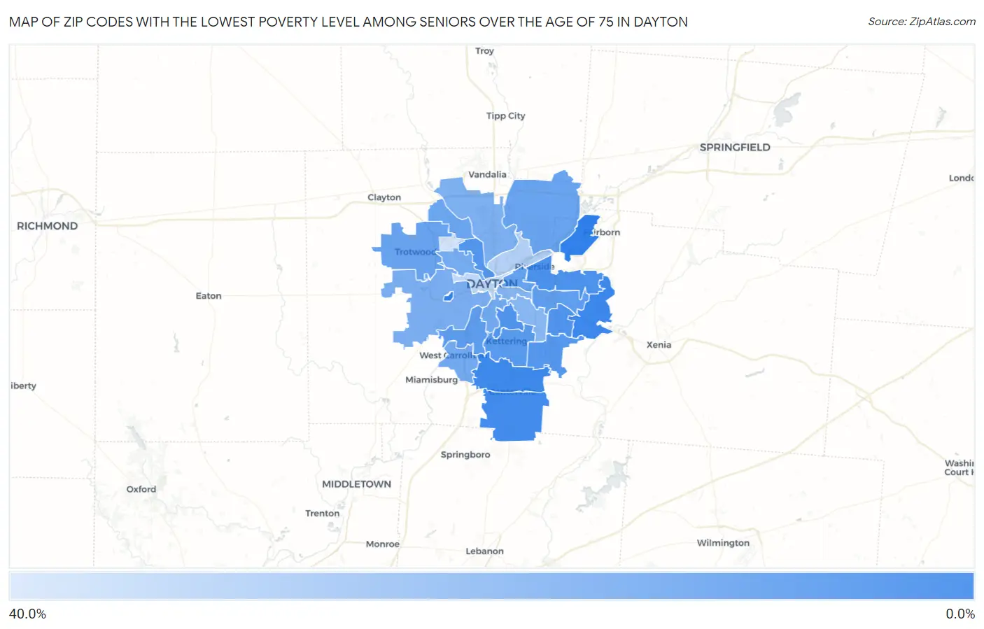 Zip Codes with the Lowest Poverty Level Among Seniors Over the Age of 75 in Dayton Map