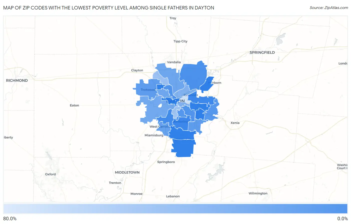Zip Codes with the Lowest Poverty Level Among Single Fathers in Dayton Map