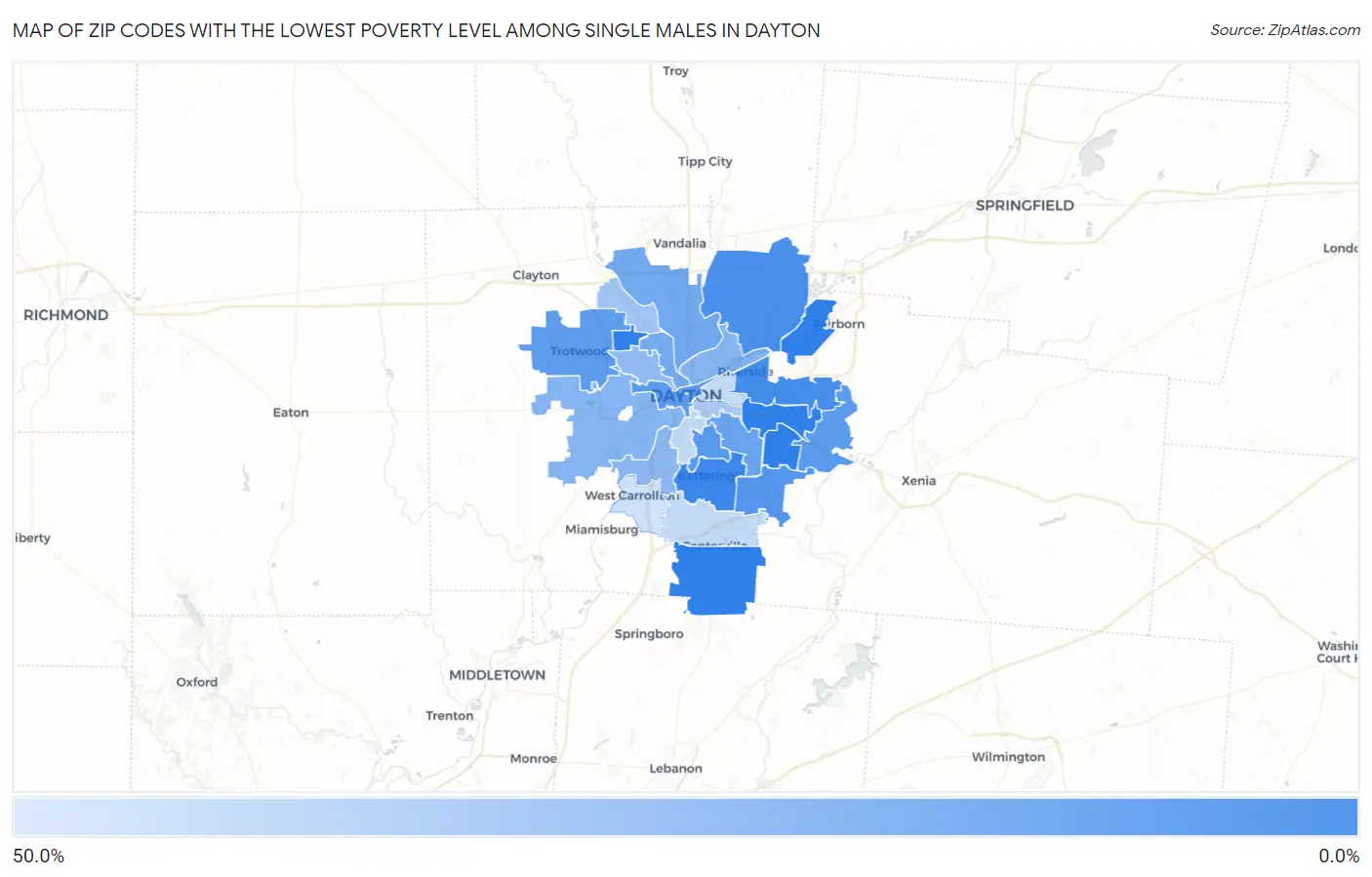 Zip Codes with the Lowest Poverty Level Among Single Males in Dayton Map