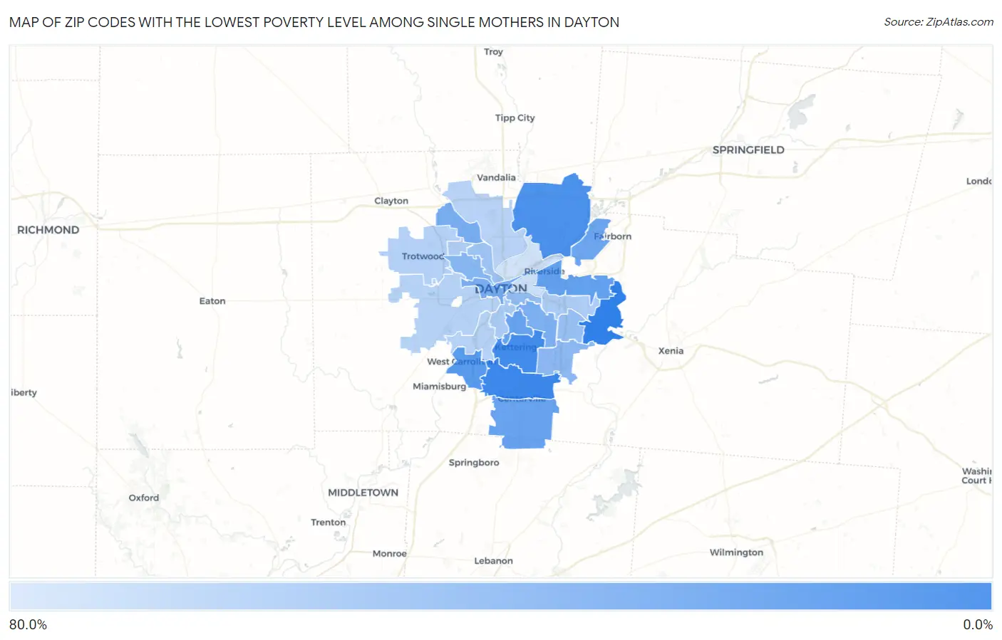 Zip Codes with the Lowest Poverty Level Among Single Mothers in Dayton Map