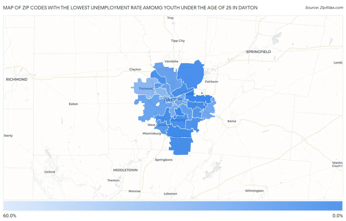 Zip Codes with the Lowest Unemployment Rate Amomg Youth Under the Age of 25 in Dayton Map