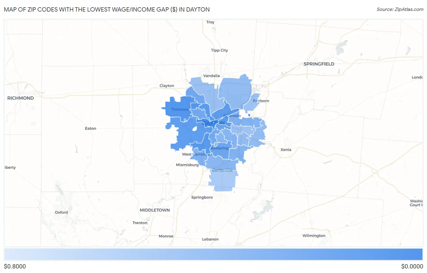 Zip Codes with the Lowest Wage/Income Gap ($) in Dayton Map