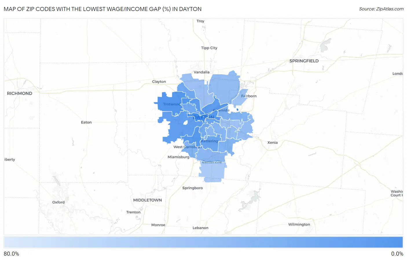 Zip Codes with the Lowest Wage/Income Gap (%) in Dayton Map