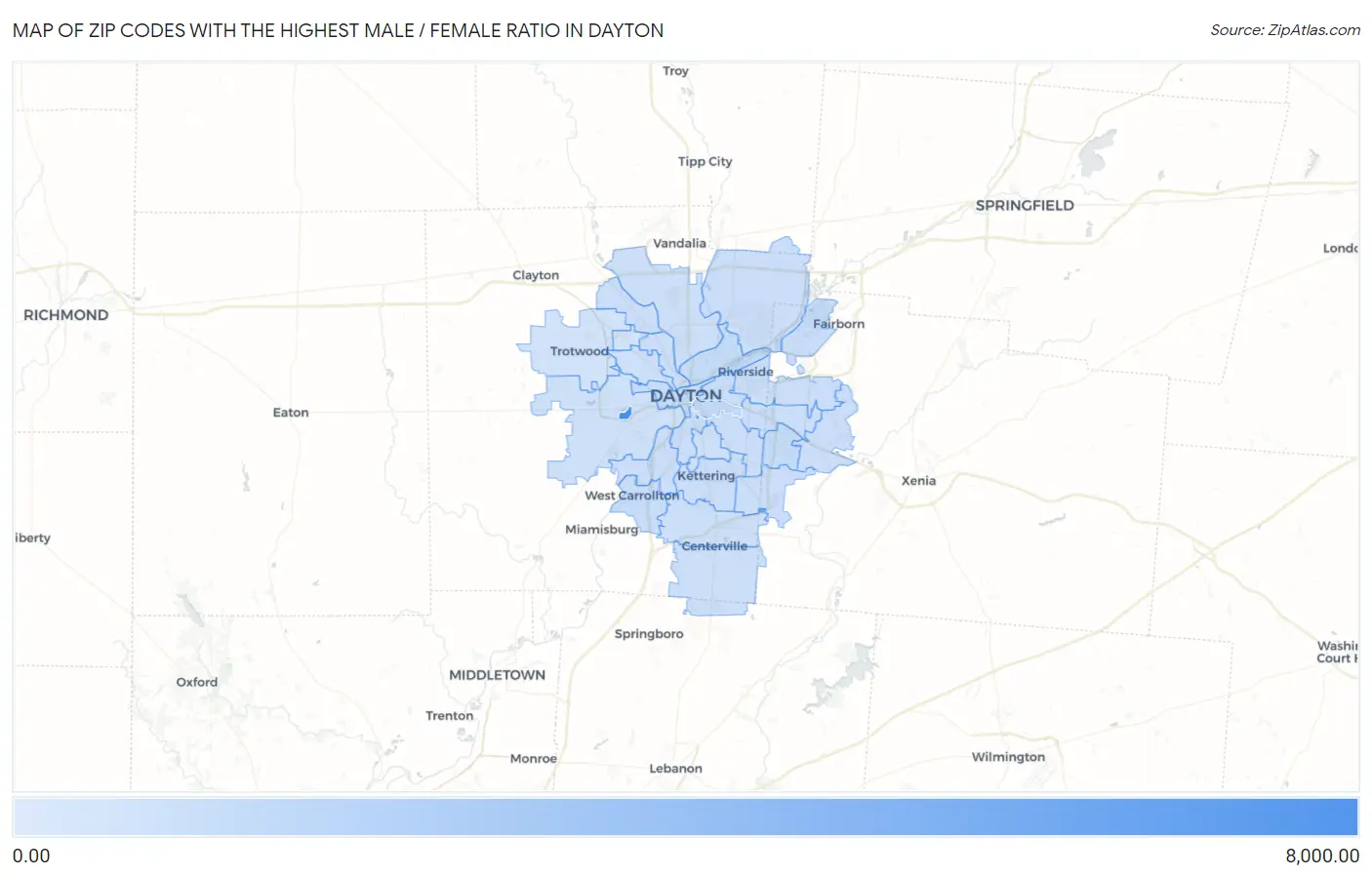 Zip Codes with the Highest Male / Female Ratio in Dayton Map
