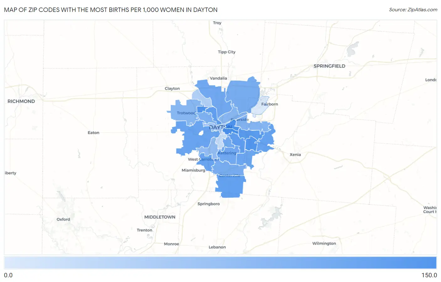 Zip Codes with the Most Births per 1,000 Women in Dayton Map