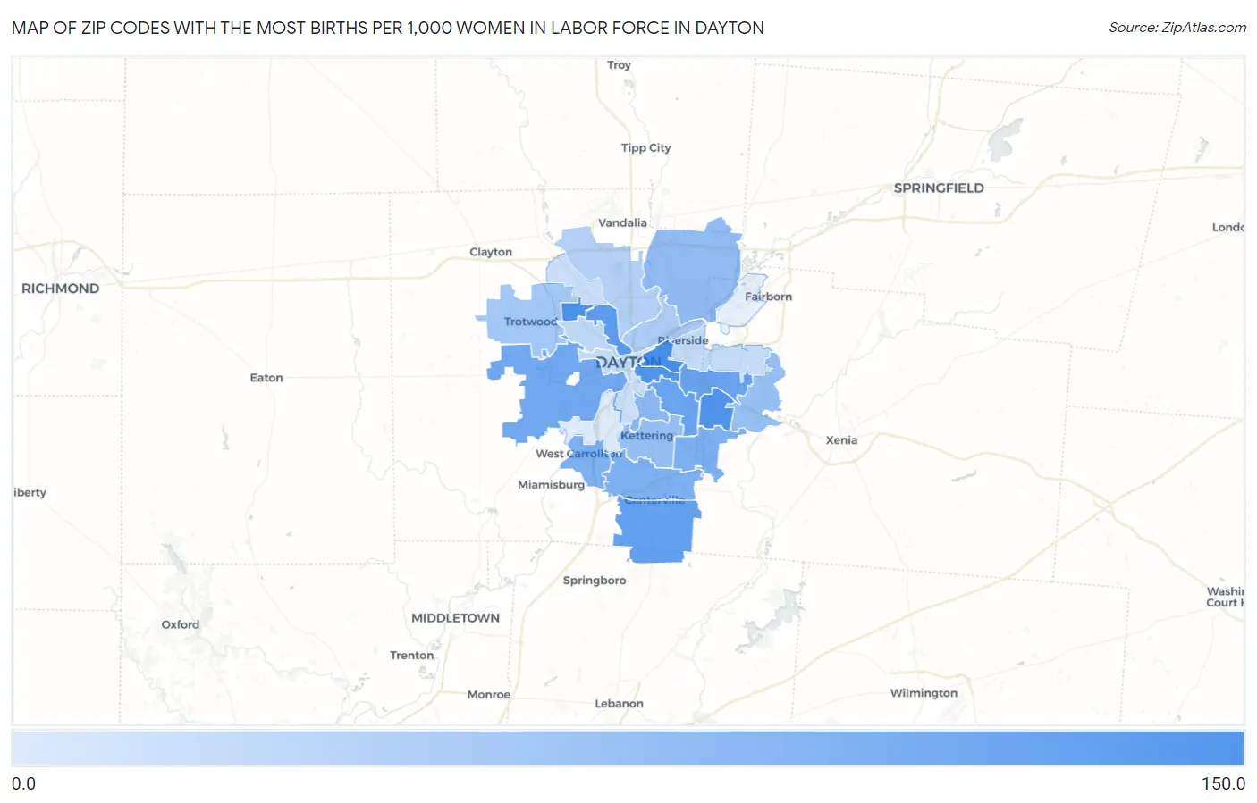 Zip Codes with the Most Births per 1,000 Women in Labor Force in Dayton Map