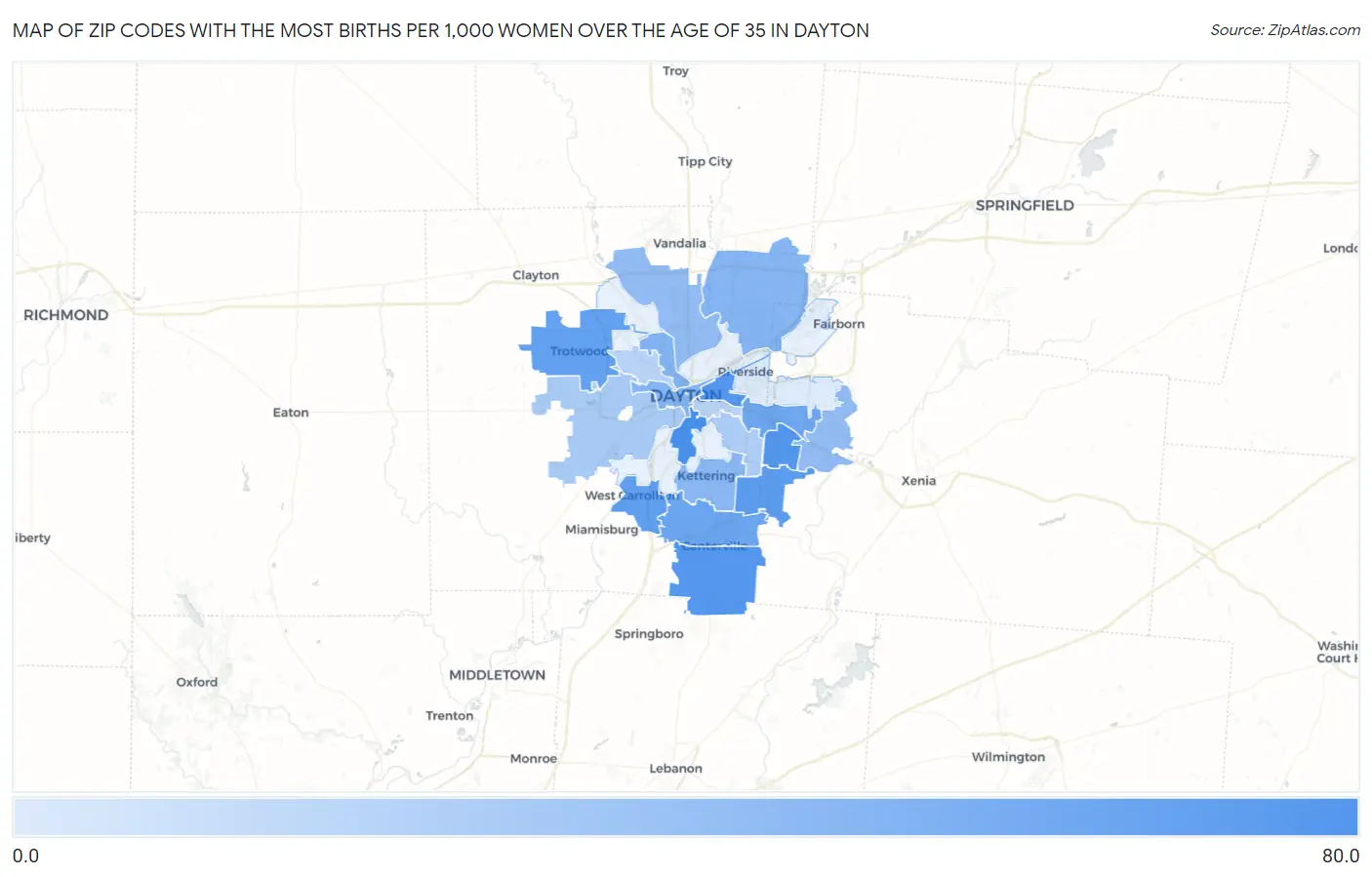 Zip Codes with the Most Births per 1,000 Women Over the Age of 35 in Dayton Map