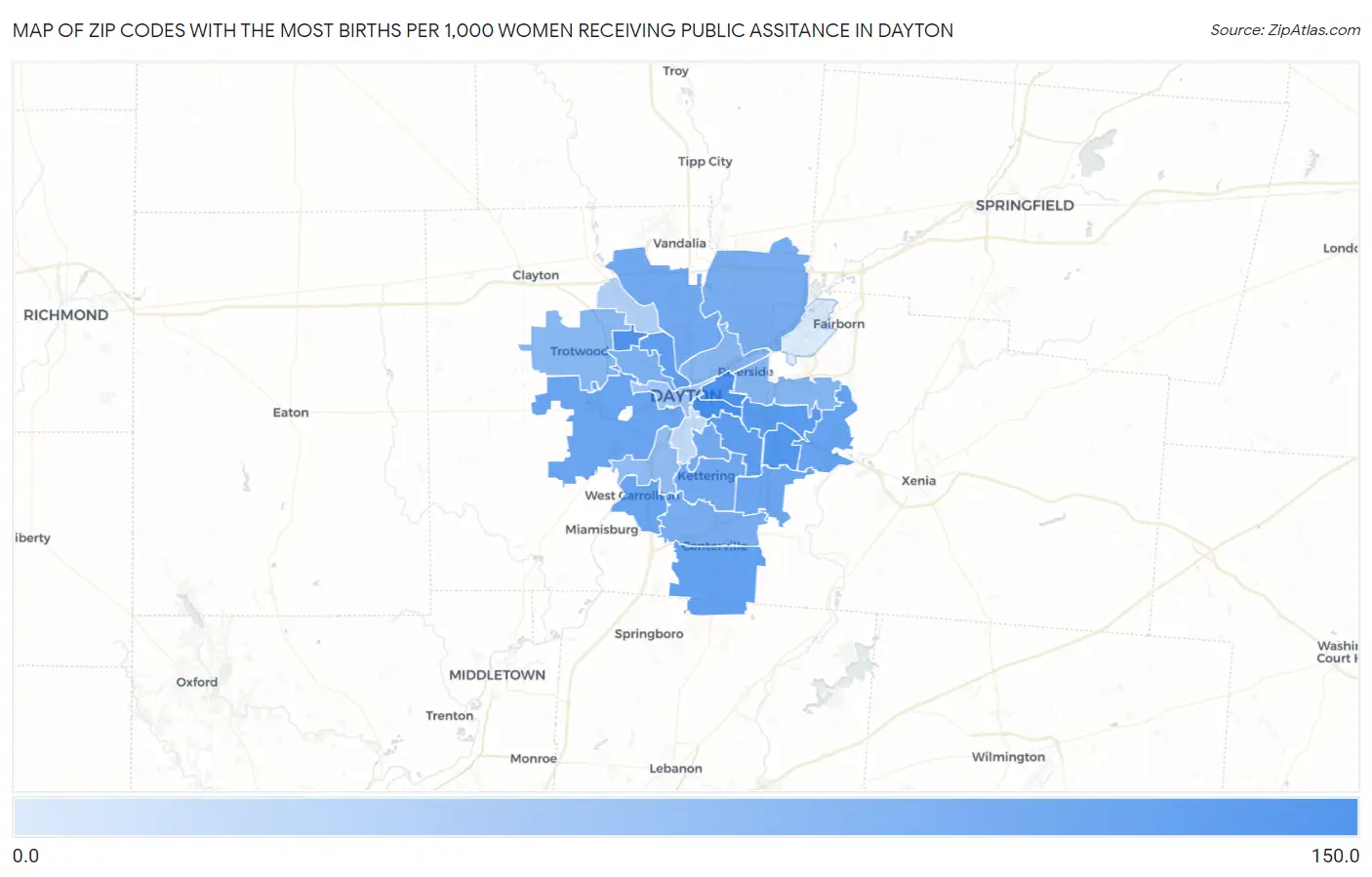 Zip Codes with the Most Births per 1,000 Women Receiving Public Assitance in Dayton Map