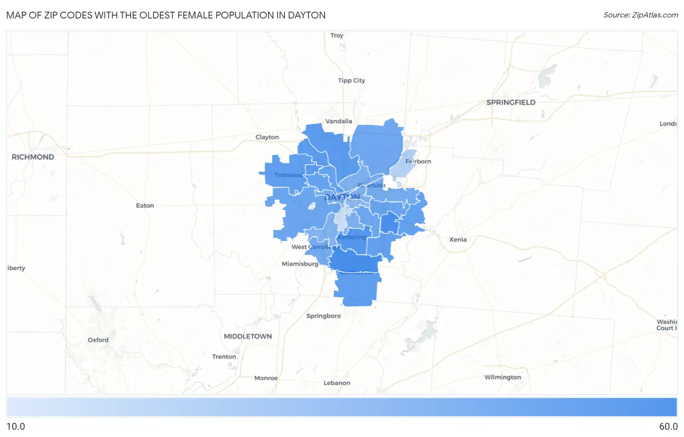 Zip Codes with the Oldest Female Population in Dayton Map