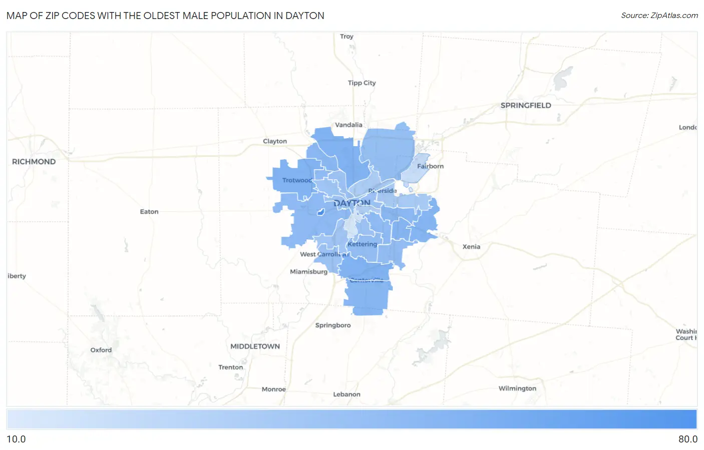 Zip Codes with the Oldest Male Population in Dayton Map