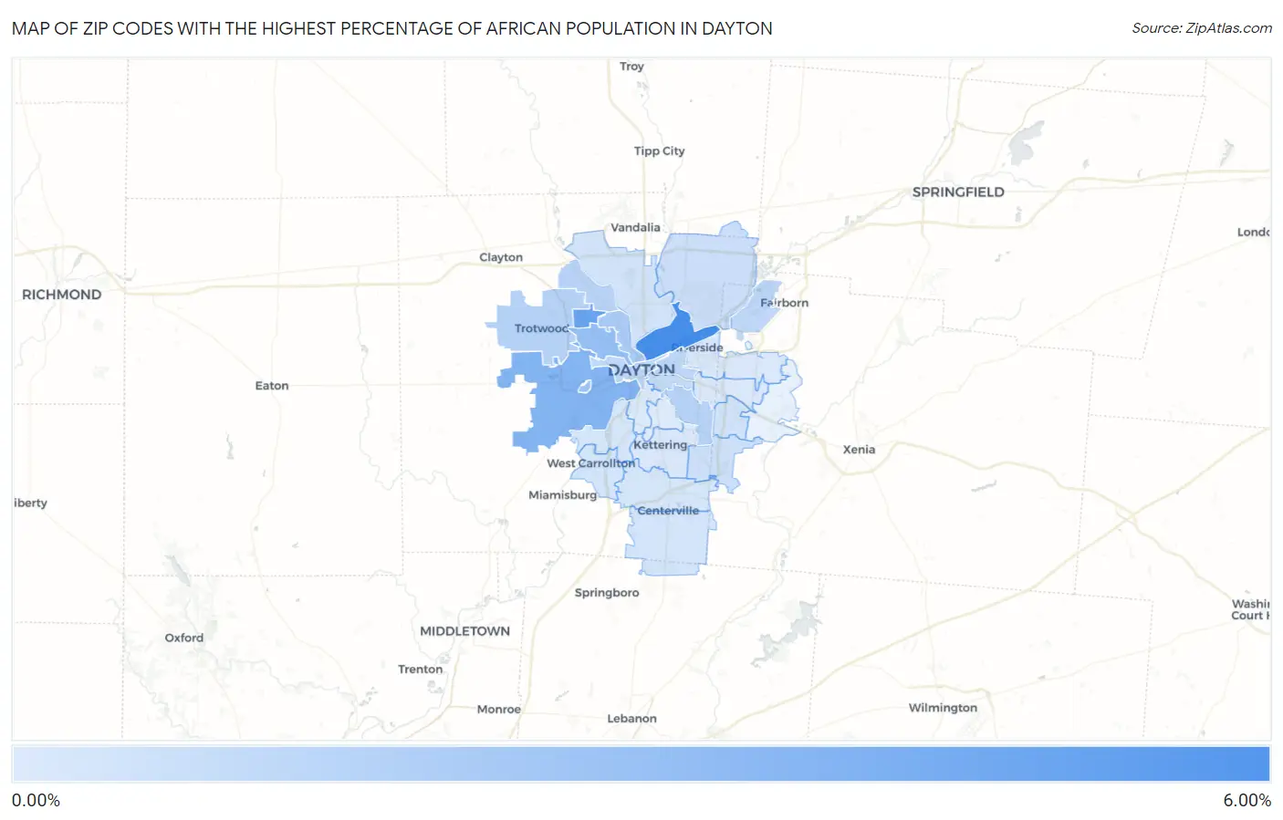 Zip Codes with the Highest Percentage of African Population in Dayton Map