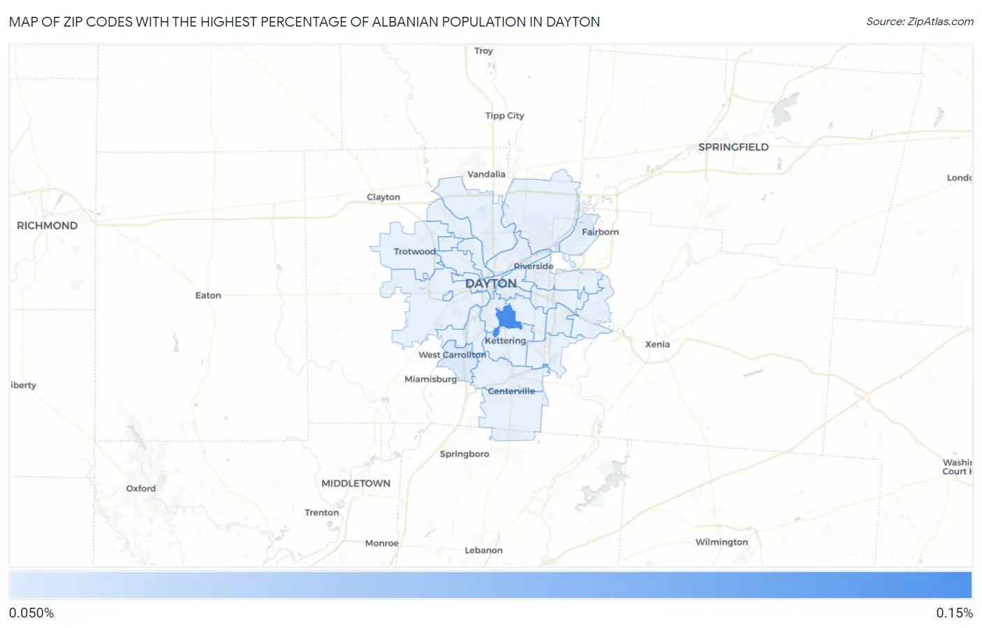 Zip Codes with the Highest Percentage of Albanian Population in Dayton Map