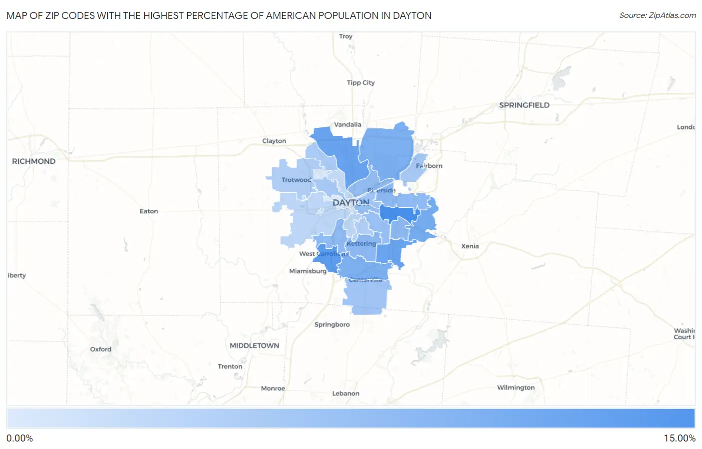 Zip Codes with the Highest Percentage of American Population in Dayton Map