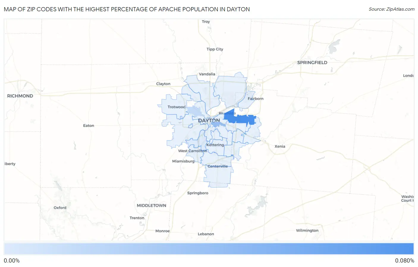 Zip Codes with the Highest Percentage of Apache Population in Dayton Map