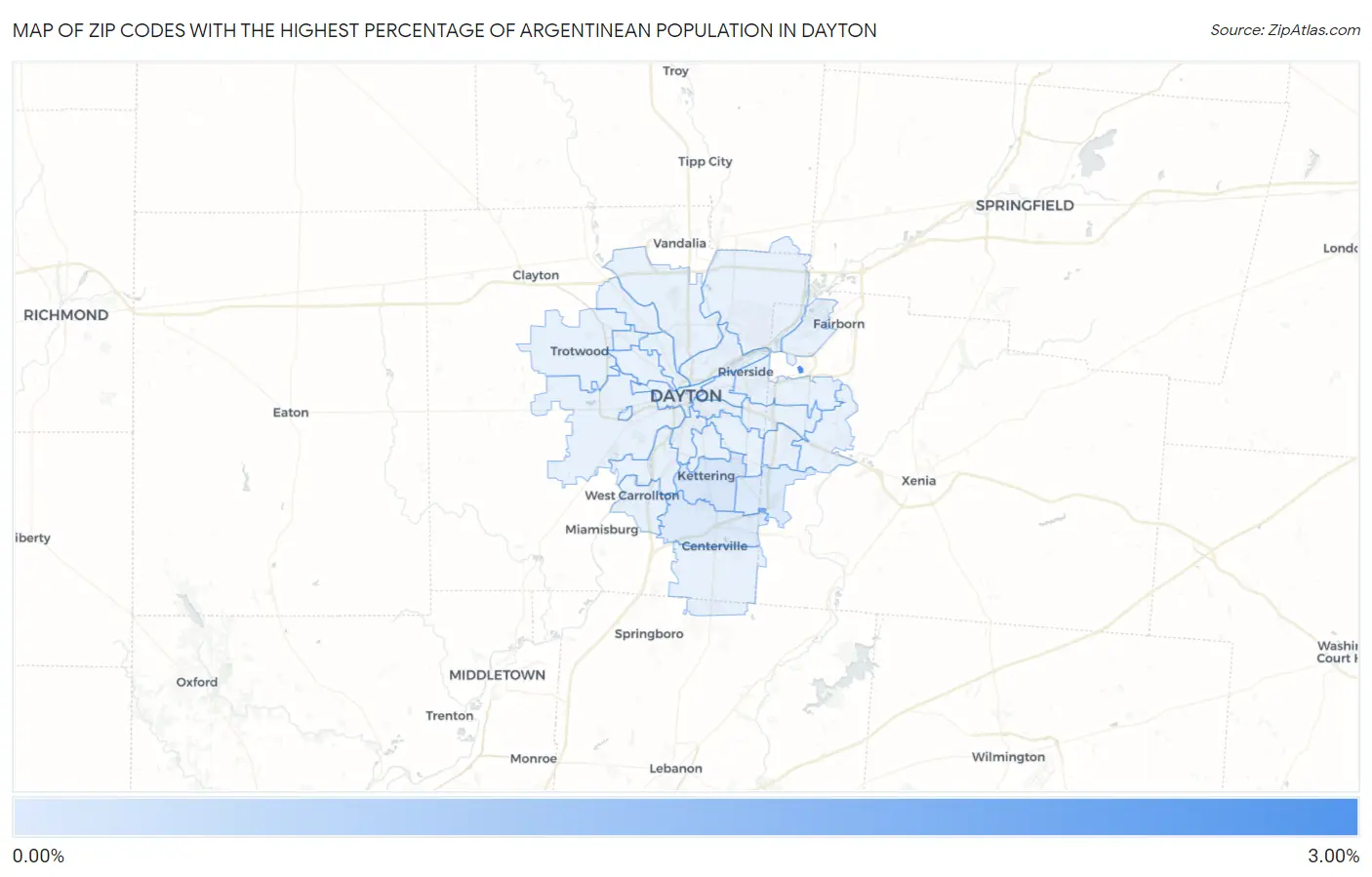 Zip Codes with the Highest Percentage of Argentinean Population in Dayton Map