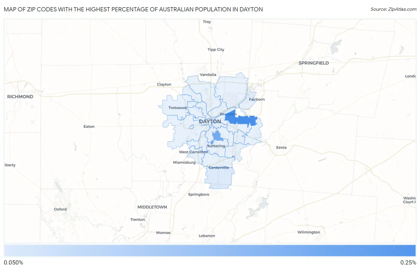 Zip Codes with the Highest Percentage of Australian Population in Dayton Map