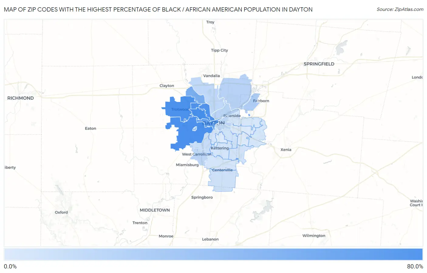 Zip Codes with the Highest Percentage of Black / African American Population in Dayton Map