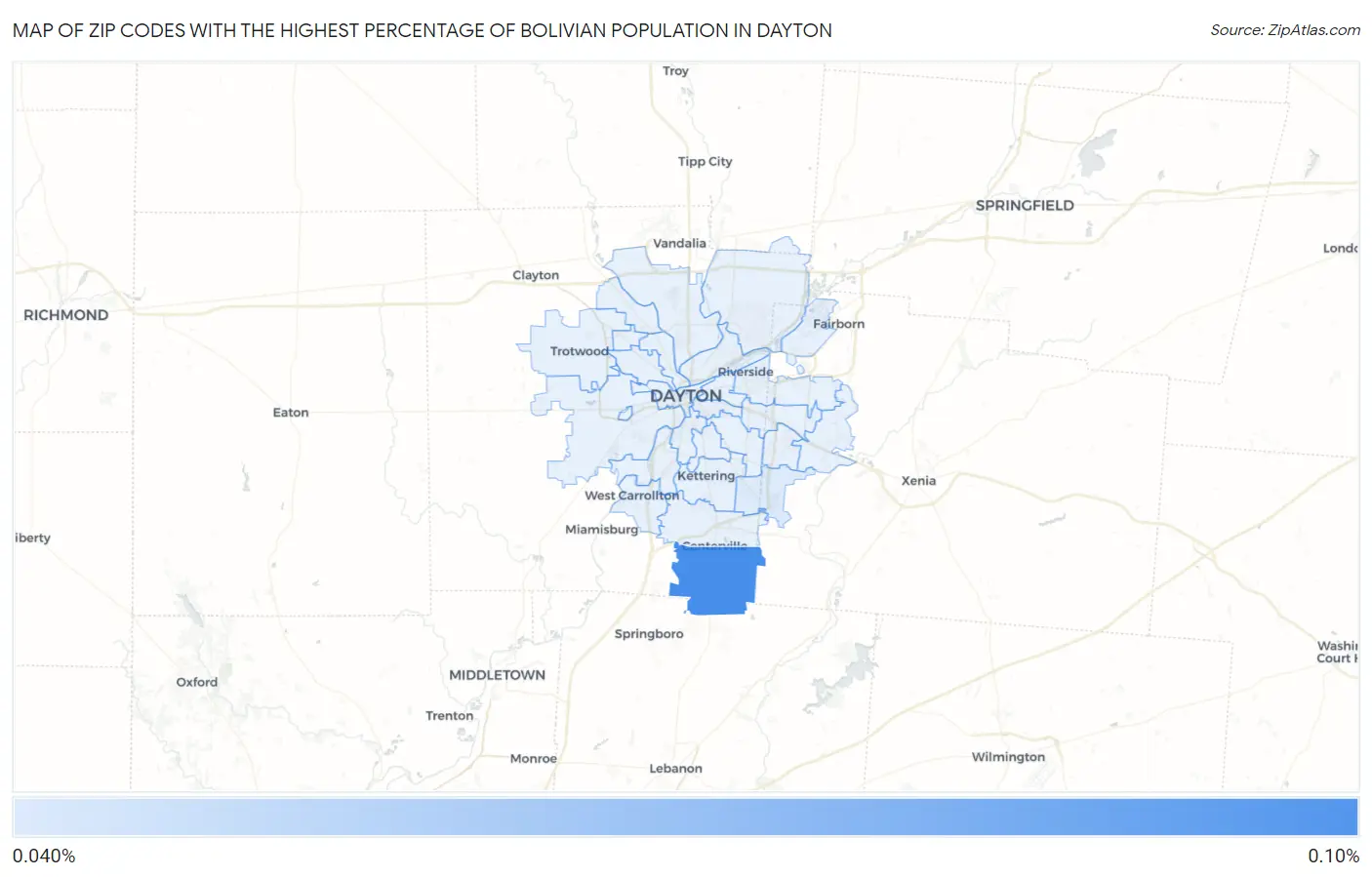 Zip Codes with the Highest Percentage of Bolivian Population in Dayton Map