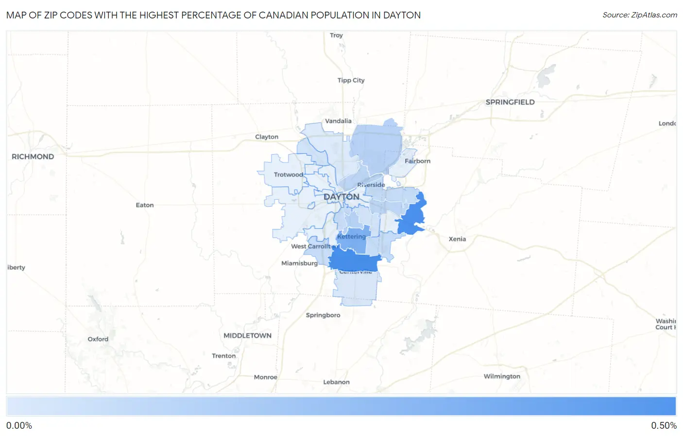 Zip Codes with the Highest Percentage of Canadian Population in Dayton Map