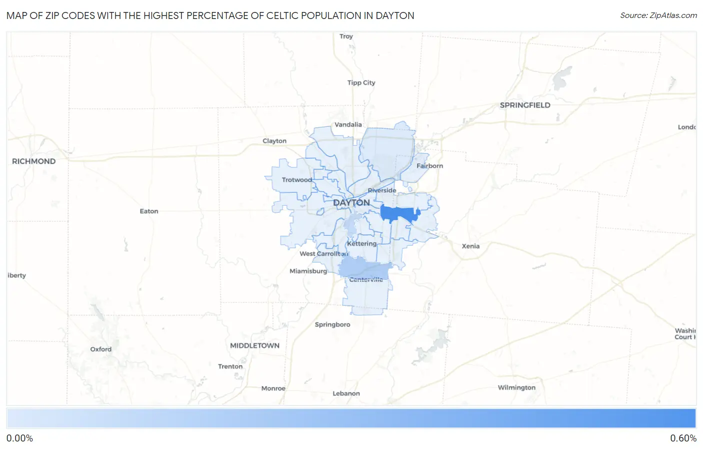 Zip Codes with the Highest Percentage of Celtic Population in Dayton Map
