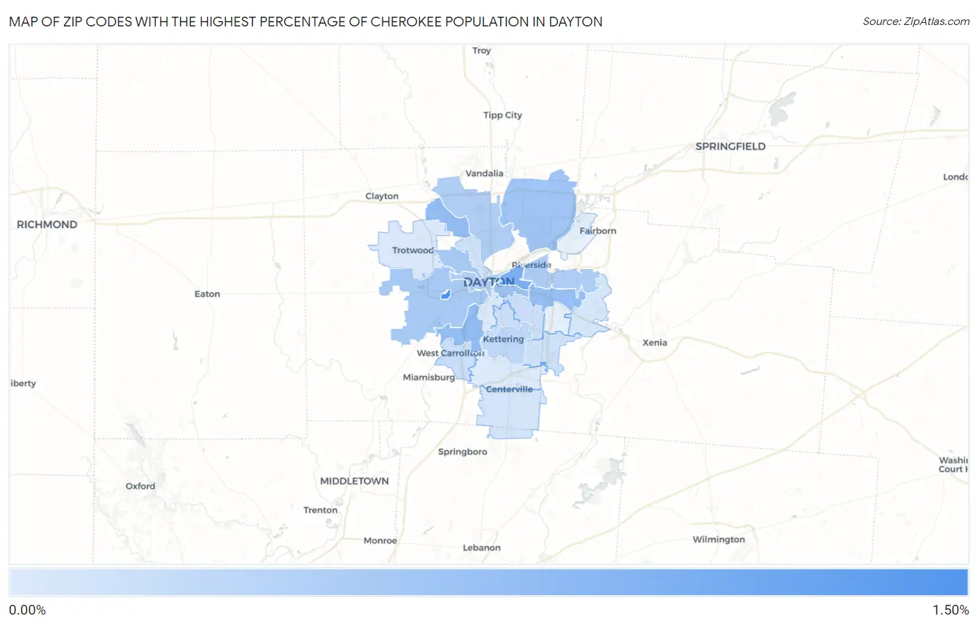 Zip Codes with the Highest Percentage of Cherokee Population in Dayton Map