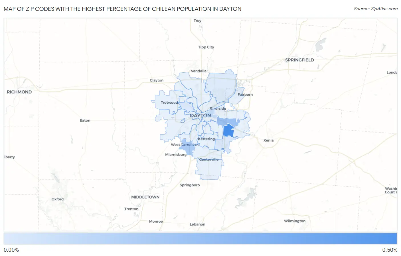 Zip Codes with the Highest Percentage of Chilean Population in Dayton Map