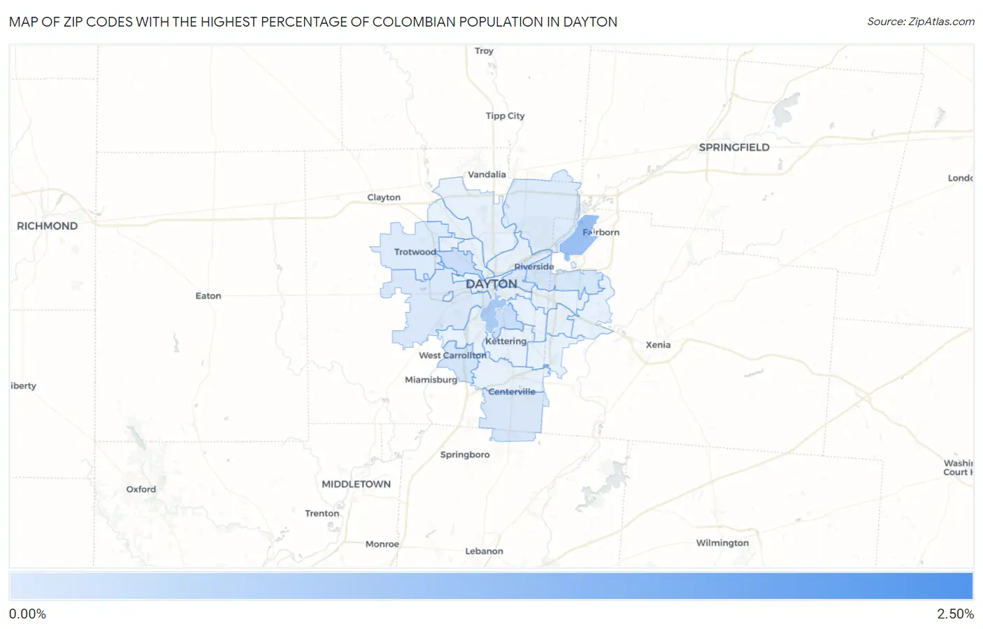 Zip Codes with the Highest Percentage of Colombian Population in Dayton Map