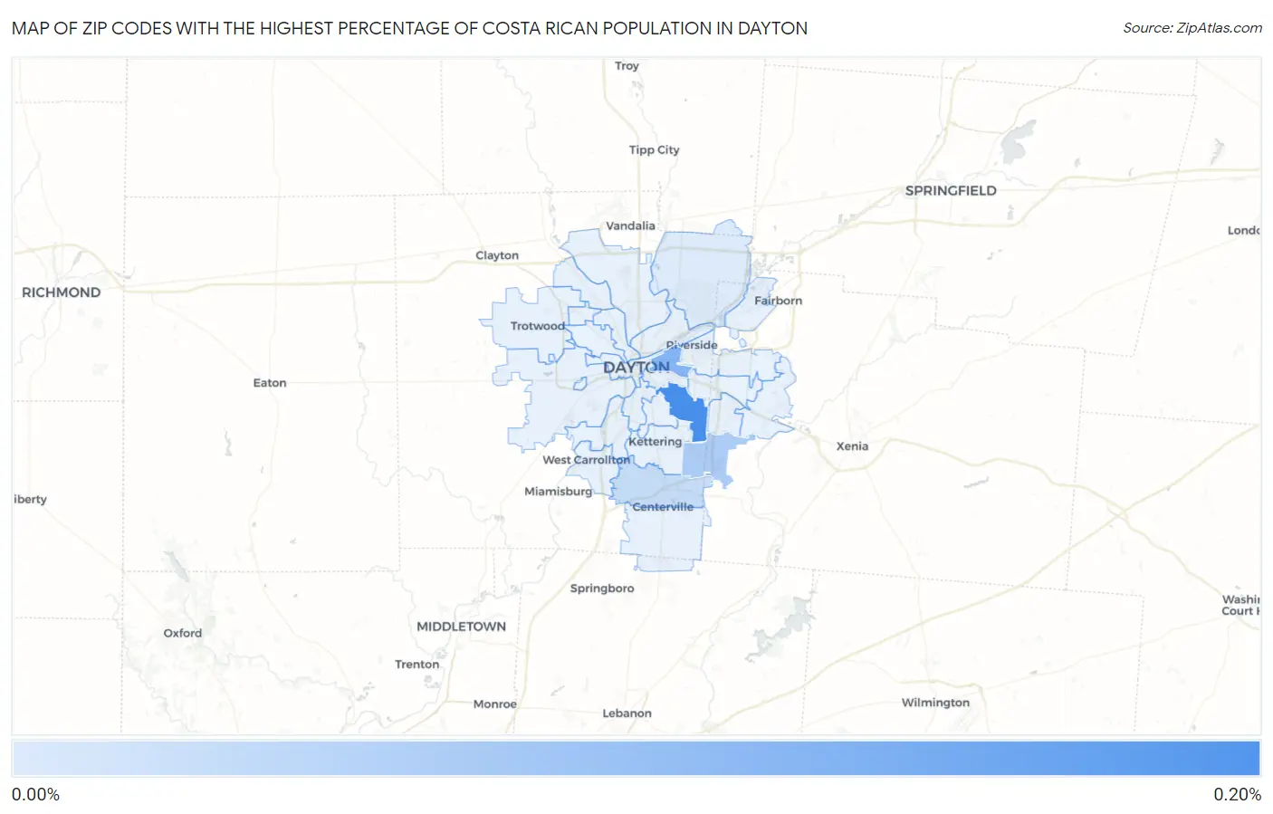 Zip Codes with the Highest Percentage of Costa Rican Population in Dayton Map