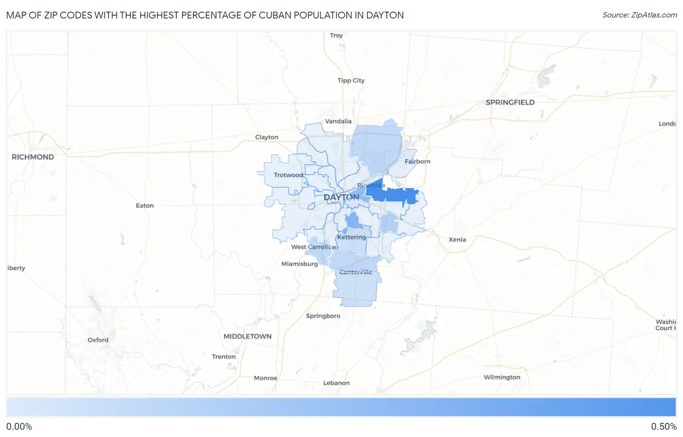 Zip Codes with the Highest Percentage of Cuban Population in Dayton Map