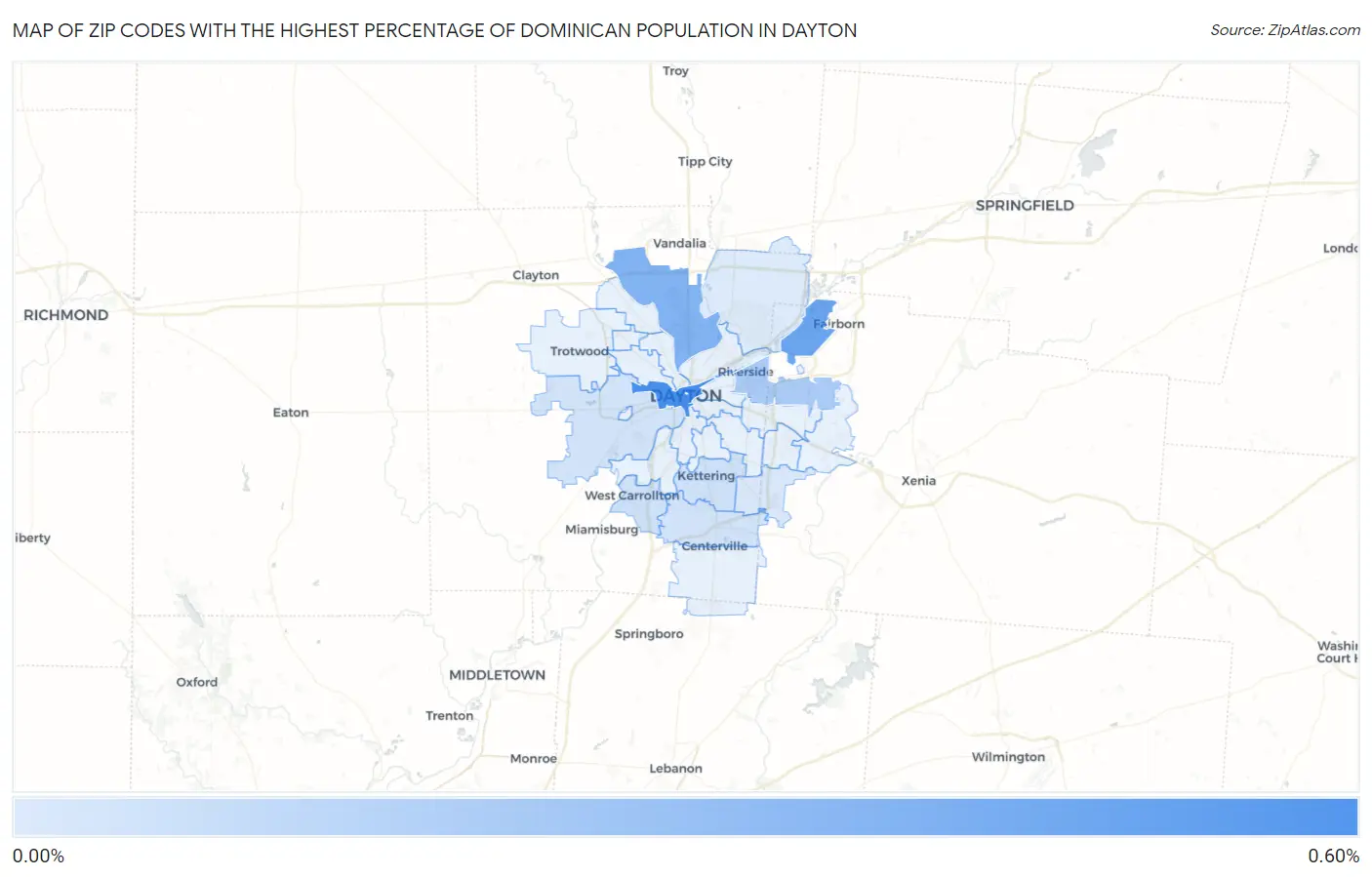 Zip Codes with the Highest Percentage of Dominican Population in Dayton Map