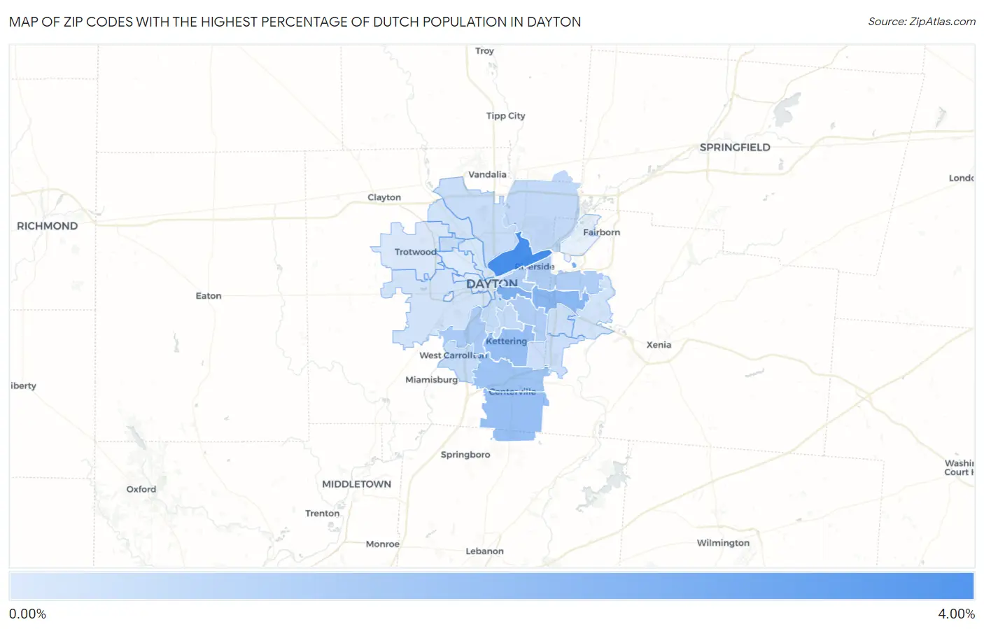 Zip Codes with the Highest Percentage of Dutch Population in Dayton Map