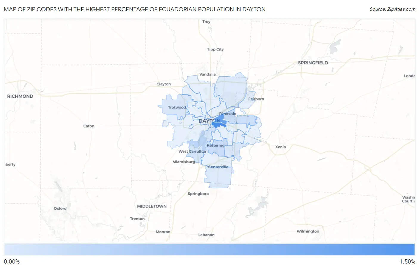 Zip Codes with the Highest Percentage of Ecuadorian Population in Dayton Map
