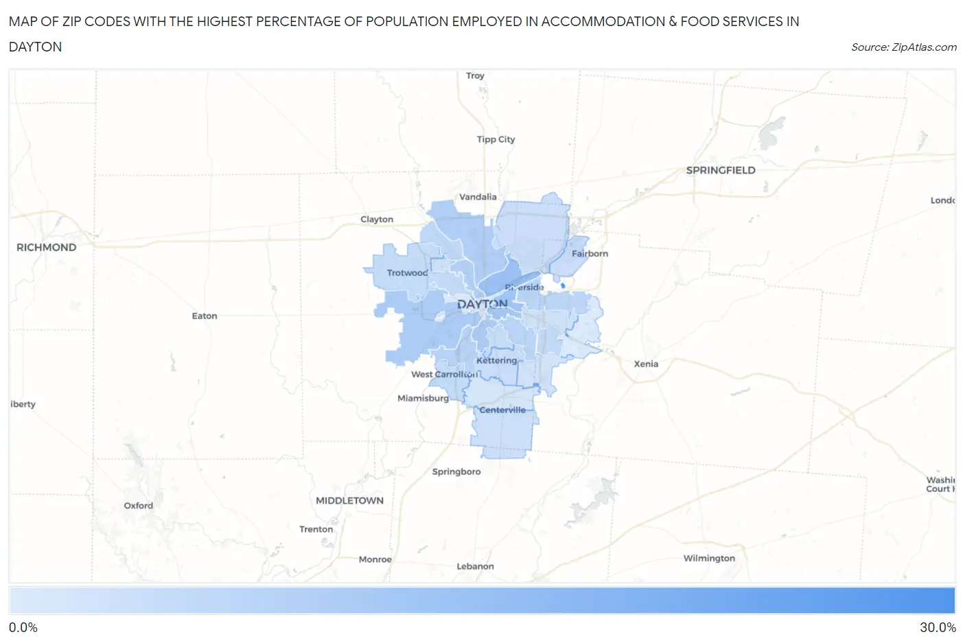 Zip Codes with the Highest Percentage of Population Employed in Accommodation & Food Services in Dayton Map