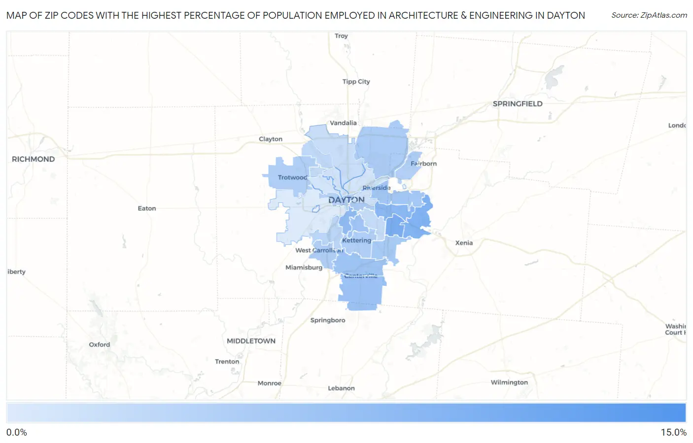 Zip Codes with the Highest Percentage of Population Employed in Architecture & Engineering in Dayton Map